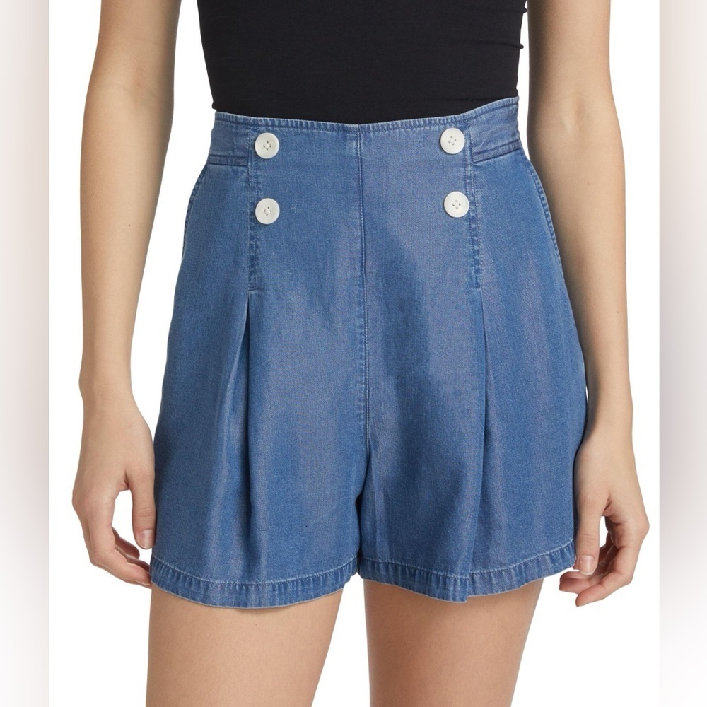 New Derek Lam 10 Crosby Milie Pleated Shorts High Rise Sailor Button Denim 12